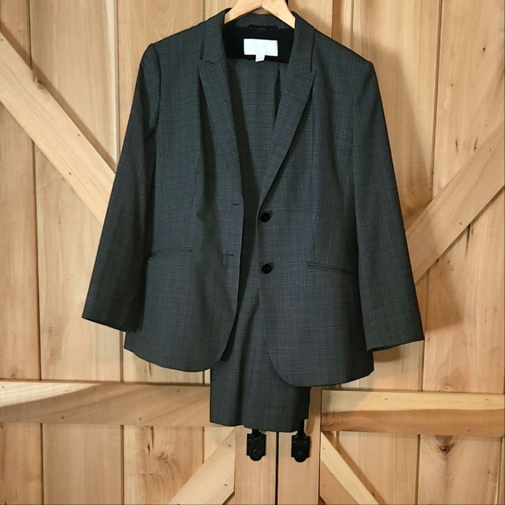 3 piece Boss Hugo Suit Skirt Blazer Pants 10 12 Wool Gray Black Crosshatch